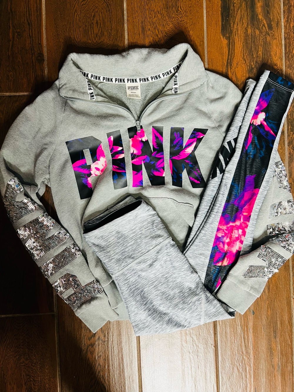PINK Victoria's Secret Gray Pullover with Pink Floral Logo Medium